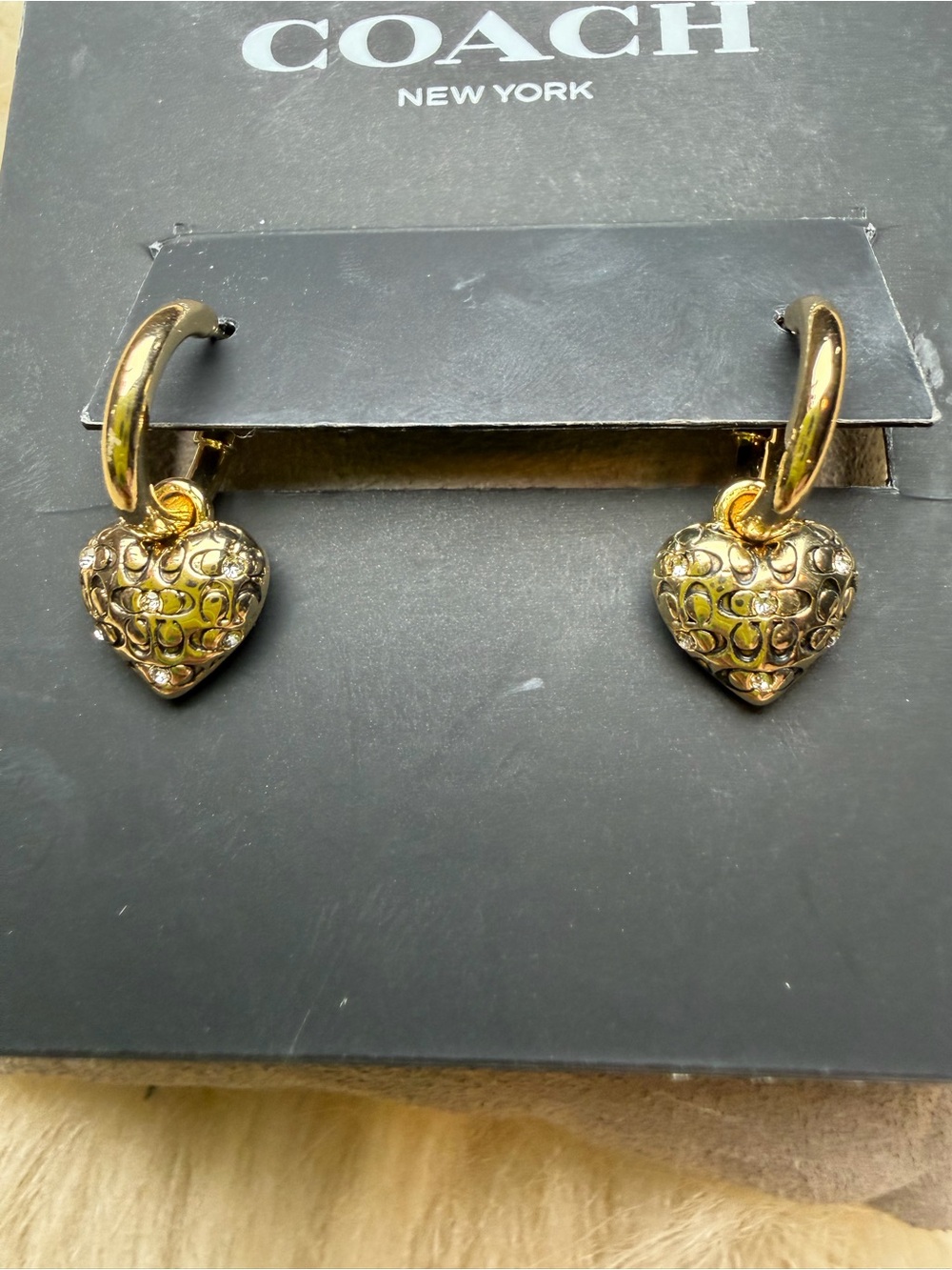 COACH Quilted C Crystal Heart Charm Huggie Earrings - Picture 7 of 8